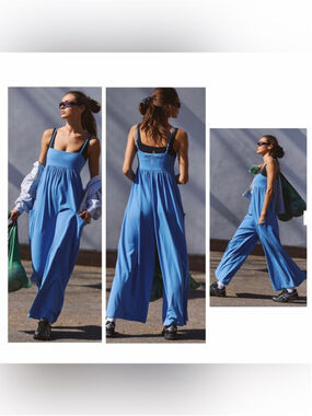 Free People Movement Hot Shot Strappy Onesie Cobalt Blue Wide Leg Jumpsuit L NWT